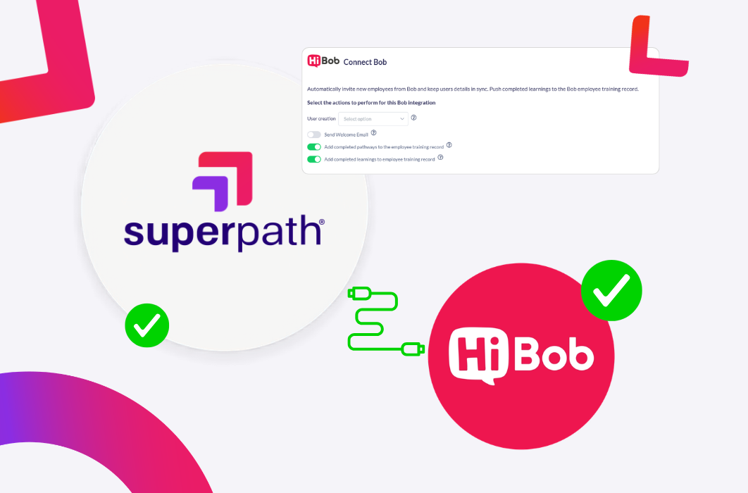 SuperPath and HiBob logos connected, showing the SuperPath LMS integration with HiBob (Bob)